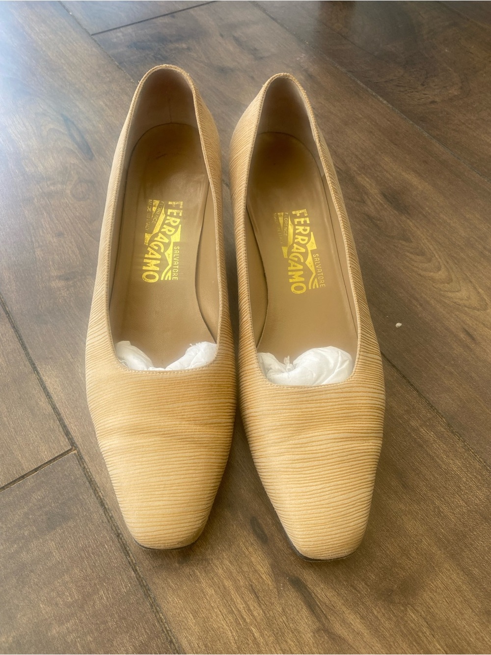 Salvatore Ferragamo Tan Textured Low Heel Pumps